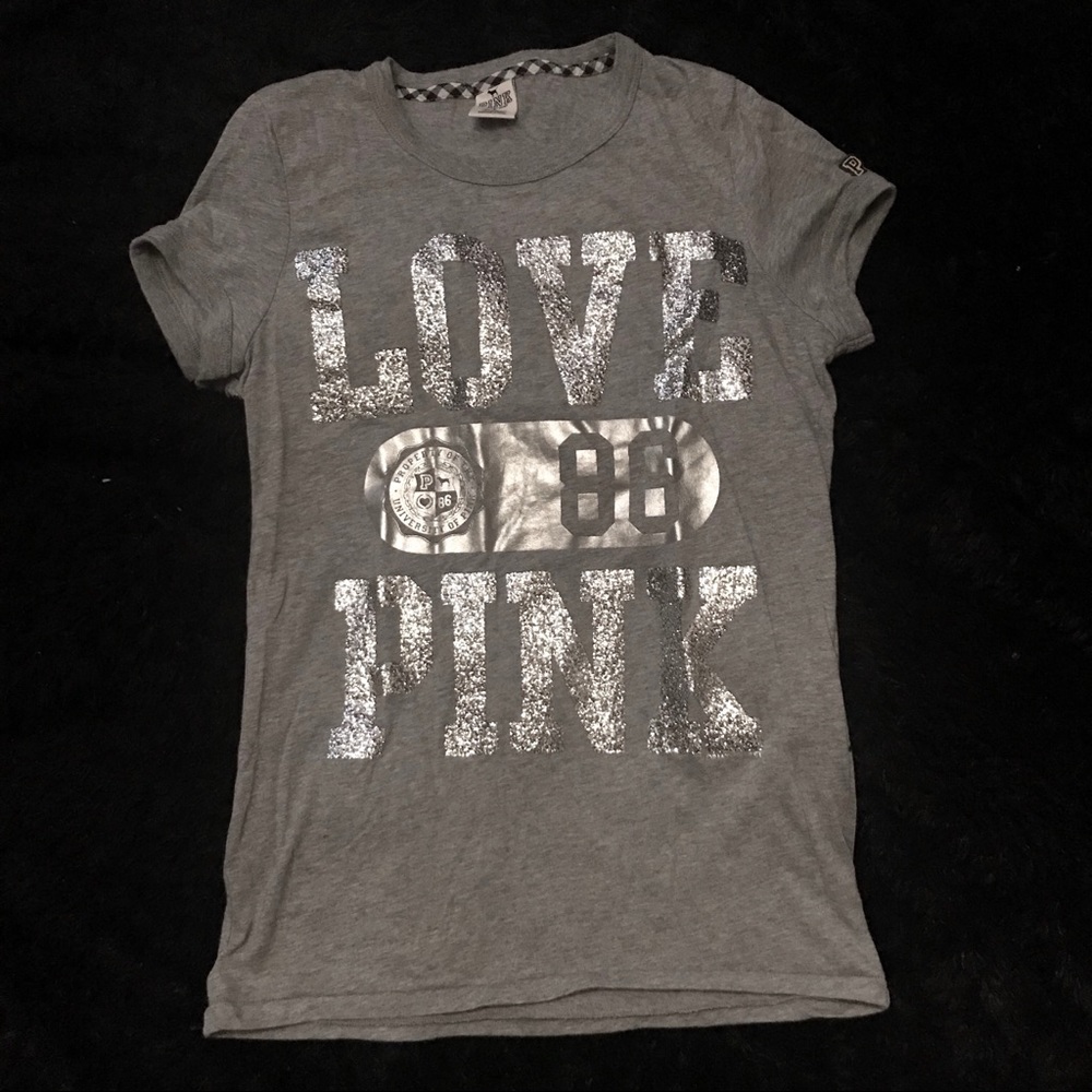 Victoria’s Secret Pink tee, grey w/ silver sparkle